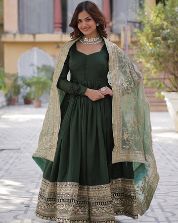 Beautiful mehndi color shimmer gown with embroidered dupatta