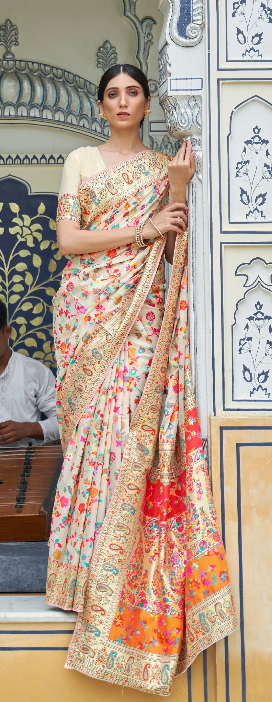 Rajwadi Pashmina White Floral banarasi Silk Saree
