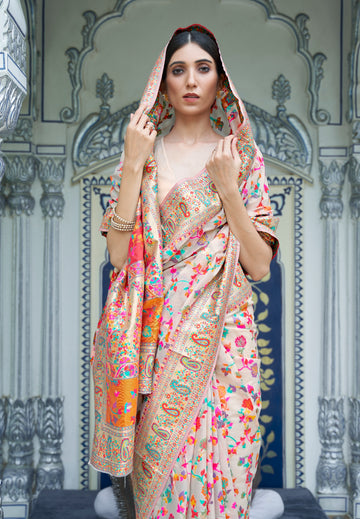 Rajwadi Pashmina White Floral banarasi Silk Saree