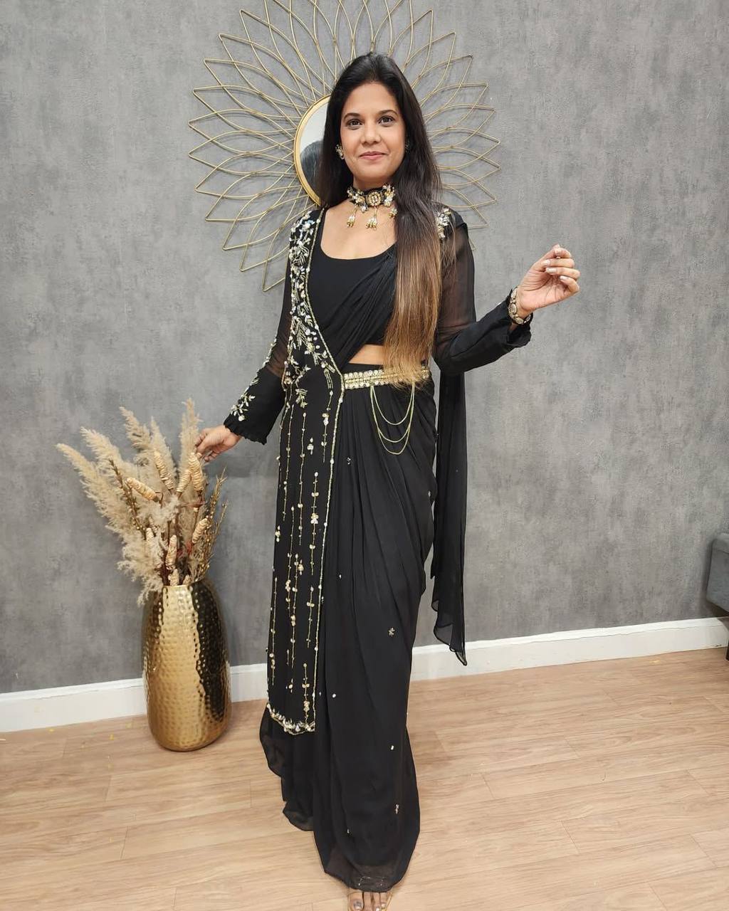 FANCY PARTY WEAR FAUX GEORGETTE LEHENGA SAREE WITH BLOUSE & SHRUG ๐