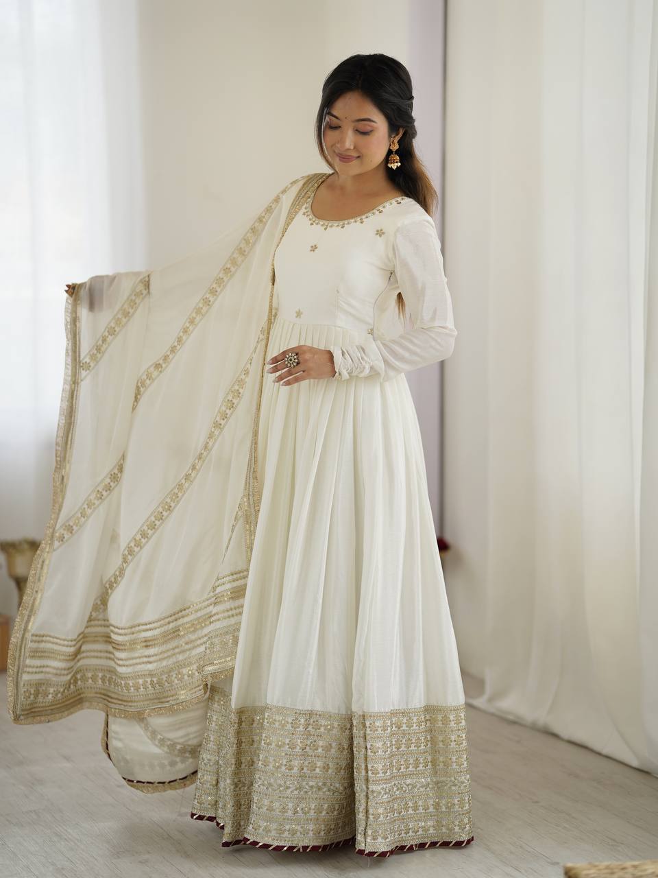 New Designer Gown Set – Chinon Silk with Sequin & Thread Work