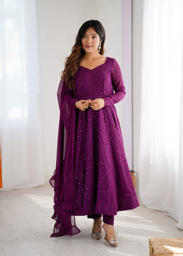 Wine Color Georgette Lucknowi Three Piece Anarkali Suit