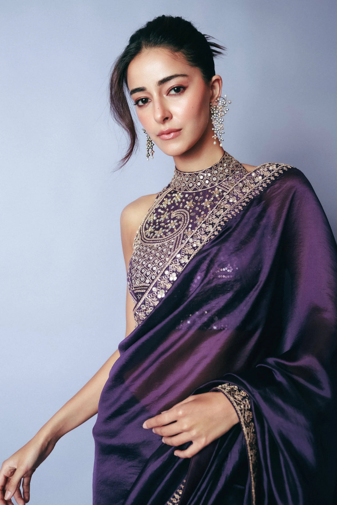 Designer Classic Baigani Silk Saree Set with Marodi & Mirror Work – Halter Neck Blouse