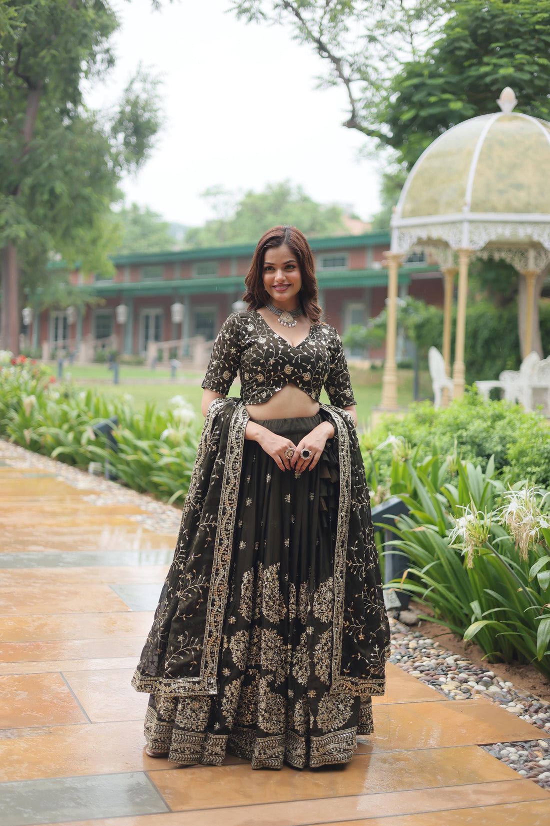 Designer Rangoli Silk Lehenga Choli with Sequins & Thread Embroidery and Dupatta