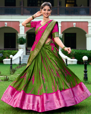Pink Color Dola Silk Shibori Print South Indian Style Half Saree For Festival