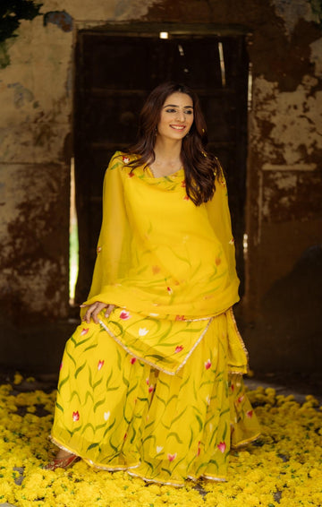 Yellow Color Floral Digital Printed Organza Sharara Suit Set