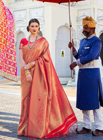 Ceremonial Bridal Red Woven Kanjivaram Saree