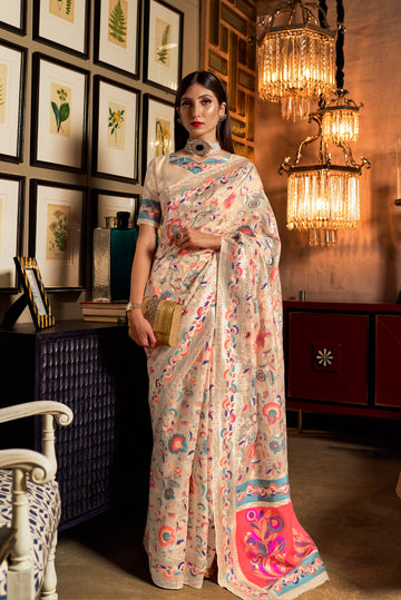 Cream-Coloured & Pink Woven Design Silk Blend Banarasi Saree