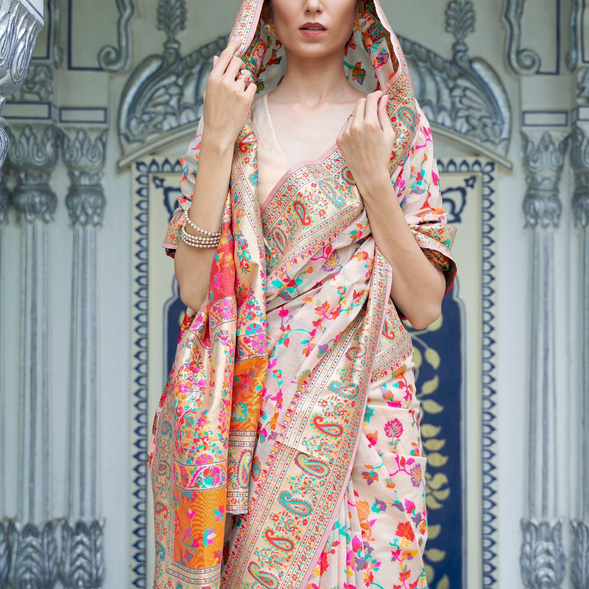 Rajwadi Pashmina White Floral banarasi Silk Saree