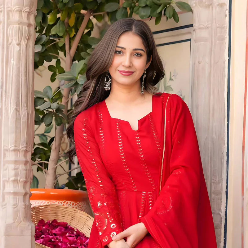 Radiant Red Readymade Anarkali Suit