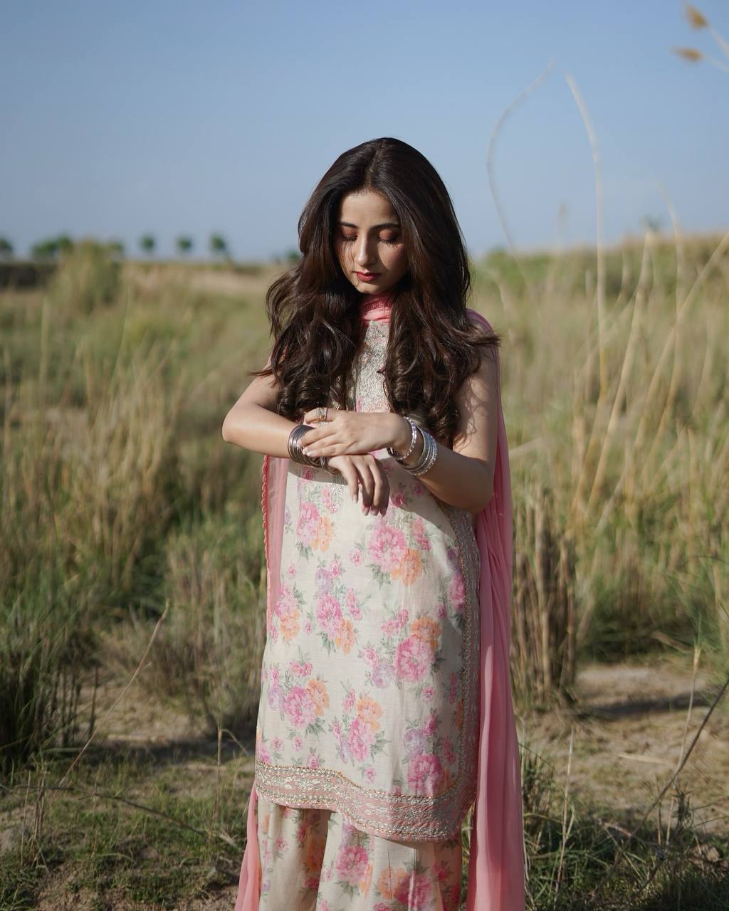 New Designer Chiffon Georgette Farshi Palazzo Set with Tabby Silk Dupatta