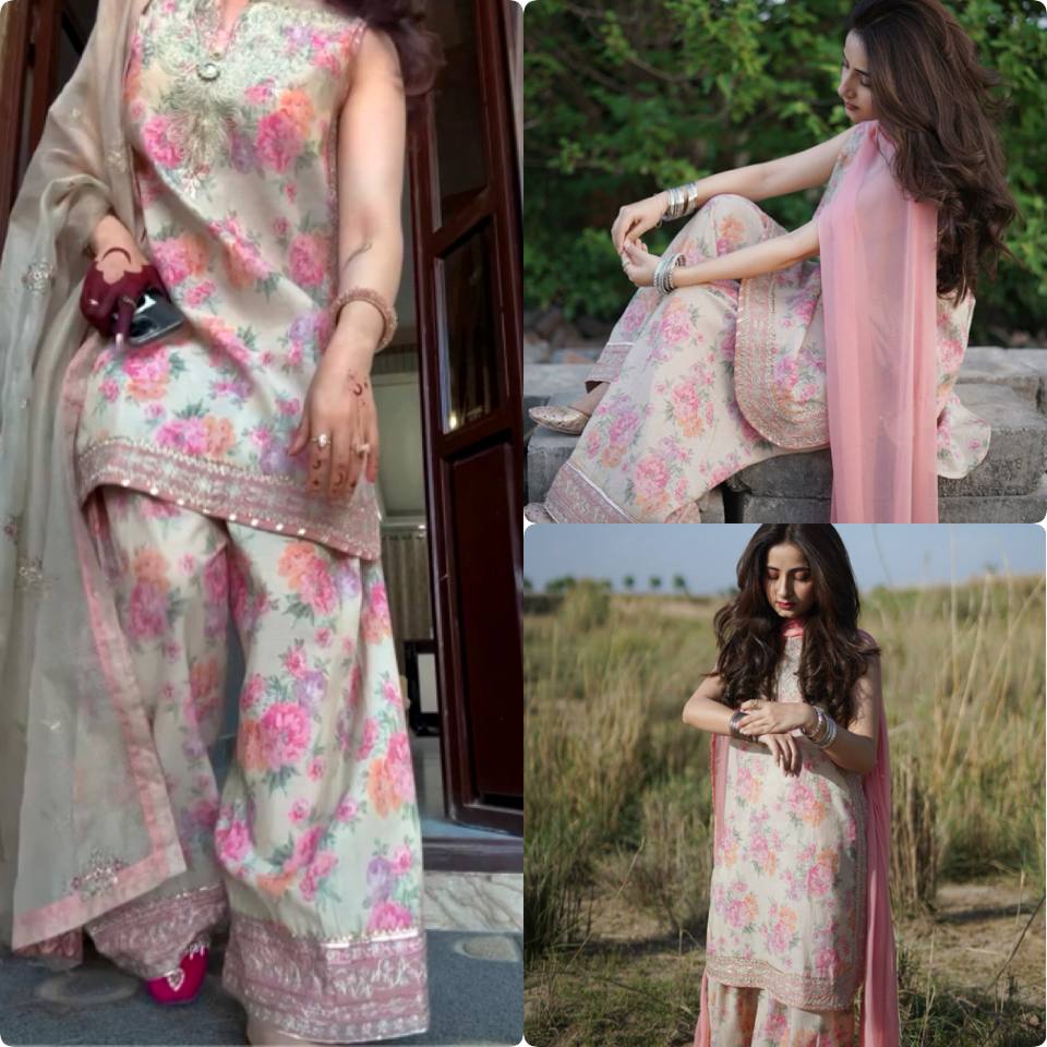 New Designer Chiffon Georgette Farshi Palazzo Set with Tabby Silk Dupatta