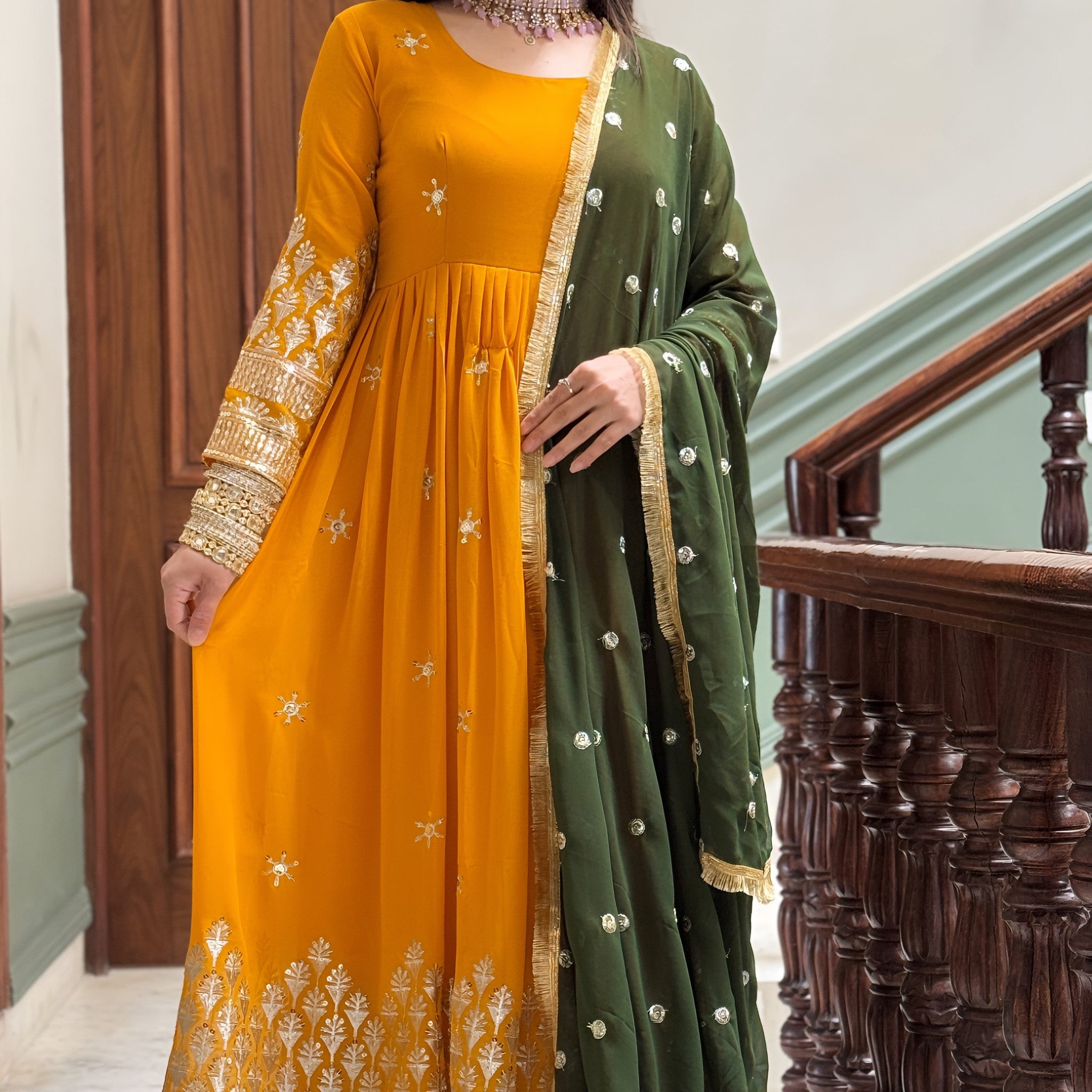 Rajni Samta Haldi Ceremony Wear Mustered Color Anarkali Gown With Dupatta