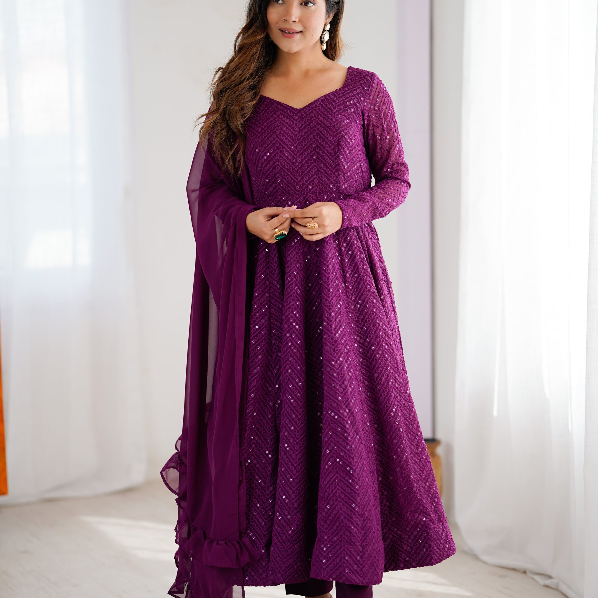 Wine Color Georgette Lucknowi Three Piece Anarkali Suit