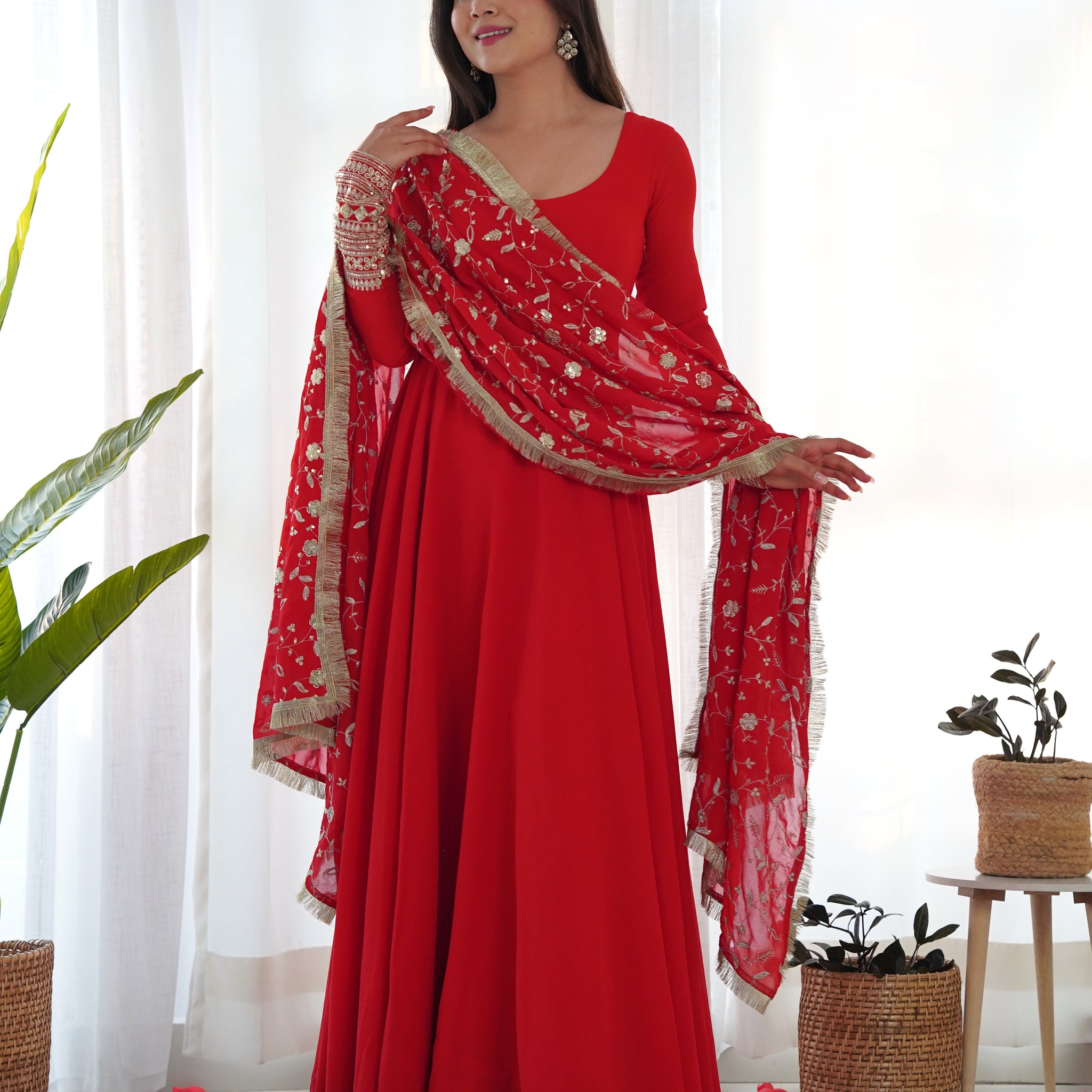 Beautiful Red Color Georgette Gown With Embroidery Sequence
