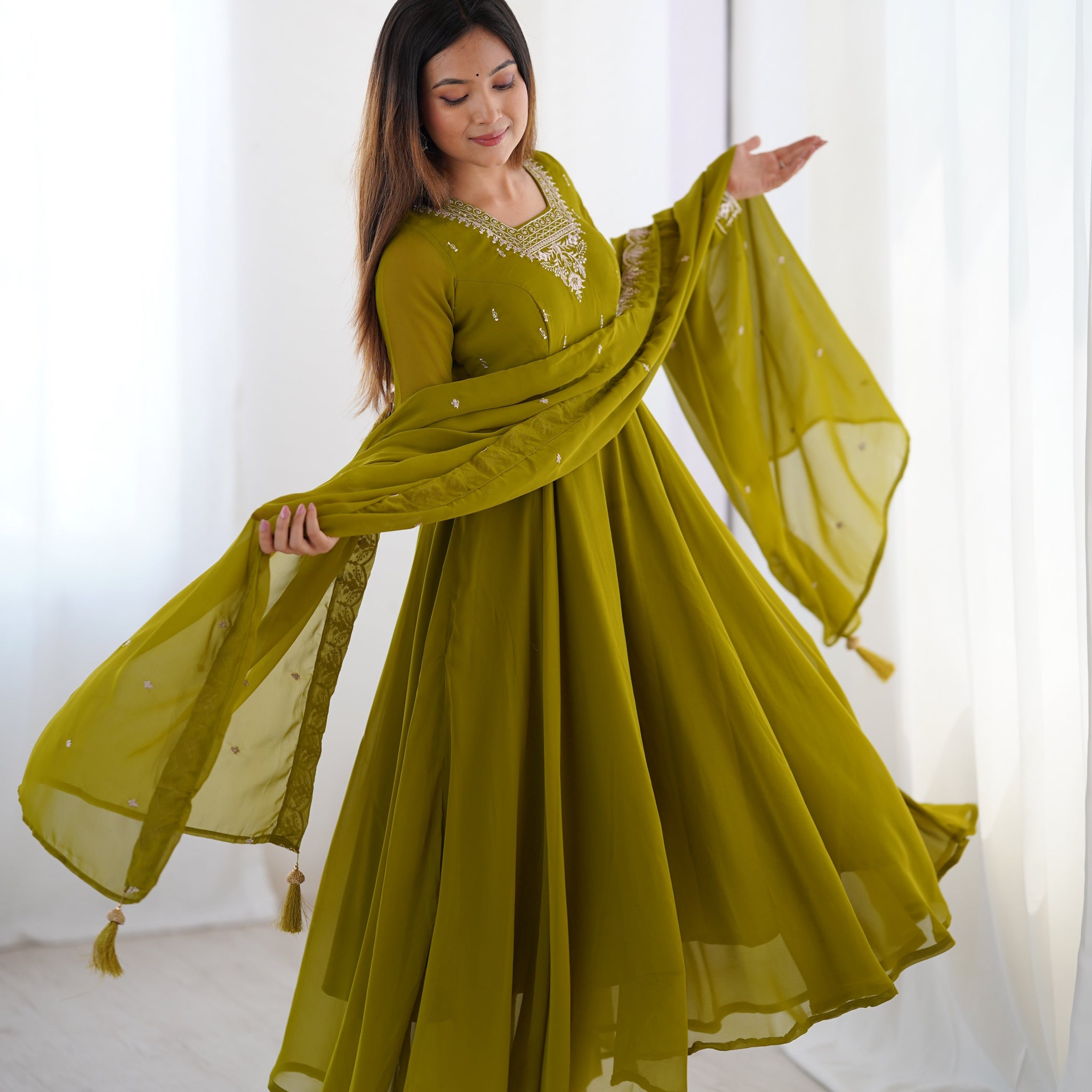 Mehndi Green Color Georgette Embroidered Three Piece Anarkali Suit
