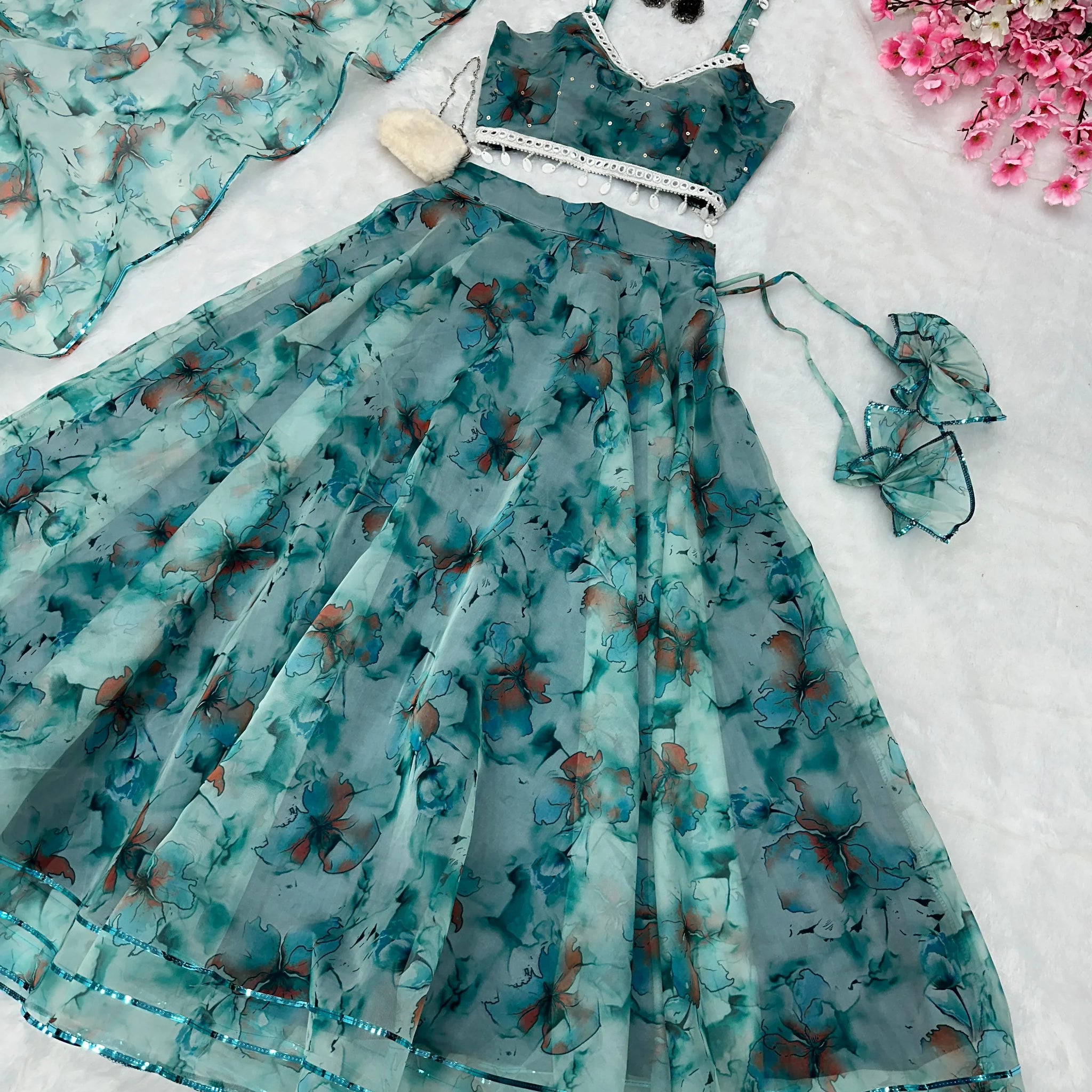 Mesmerizing Aqua Blue Color Organza Lehenga Choli