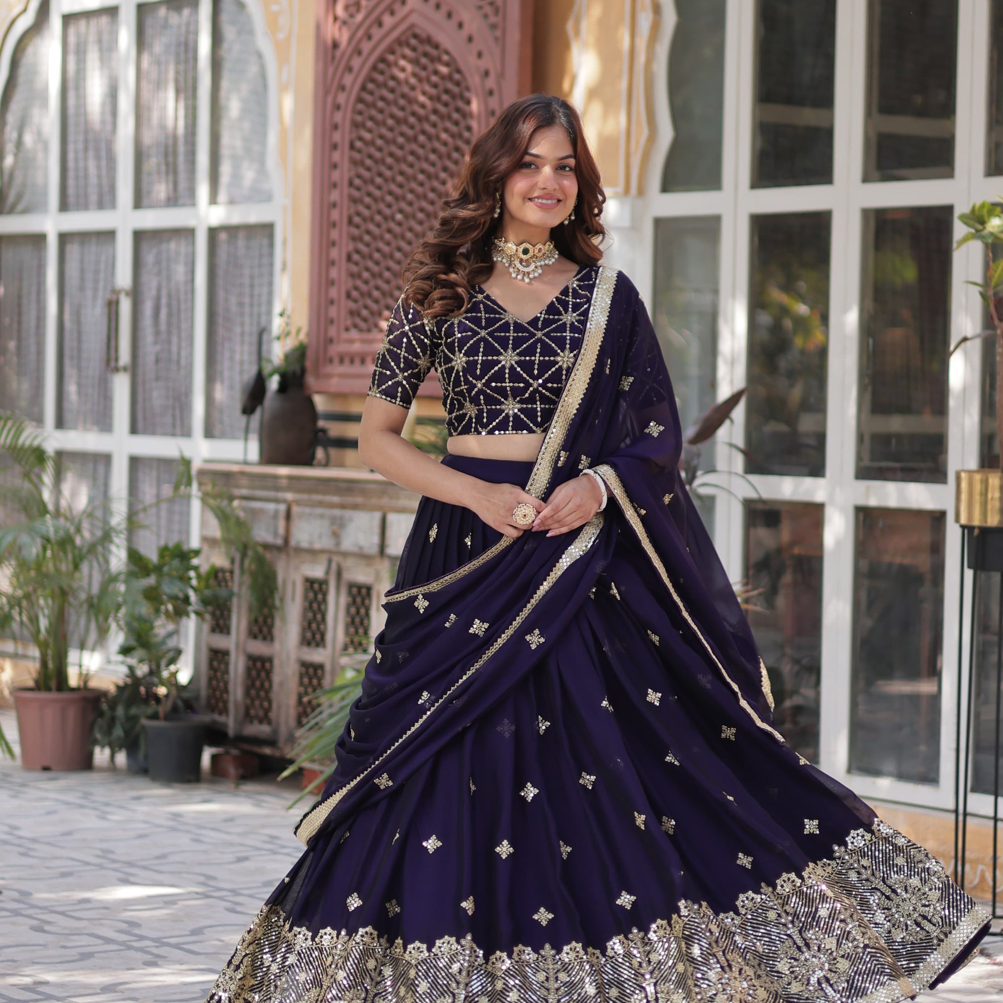 Designer Rangoli Silk Lehenga Choli with Sequins & Thread Embroidery and Dupatta