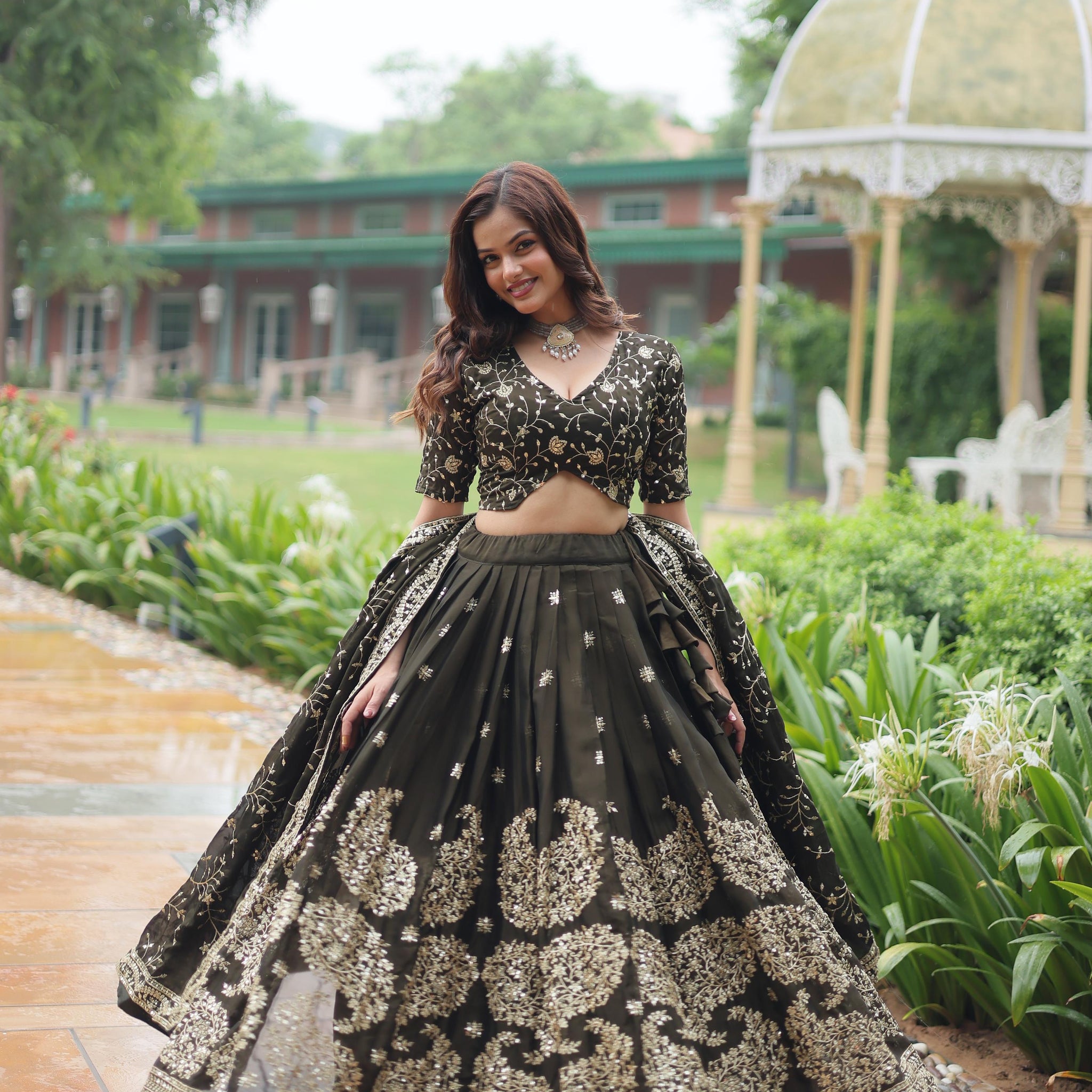 Designer Rangoli Silk Lehenga Choli with Sequins & Thread Embroidery and Dupatta