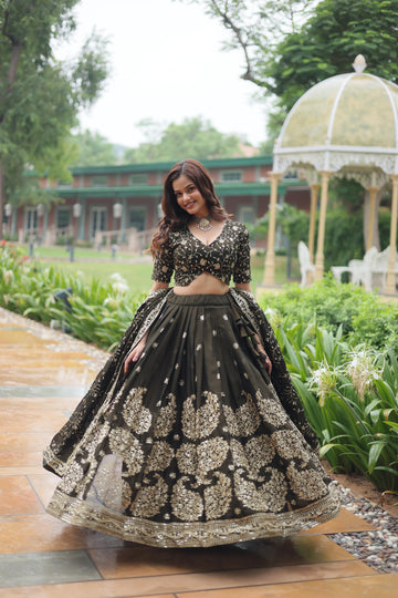 Designer Rangoli Silk Lehenga Choli with Sequins & Thread Embroidery and Dupatta