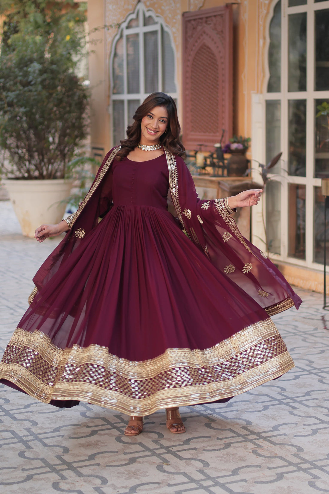 Designer Faux Blooming Gown with Zari Sequins Embroidery