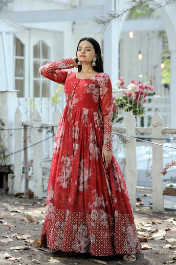 Designer Faux Georgette Floral Printed Gown with Zari &amp; Sequins Embroidery