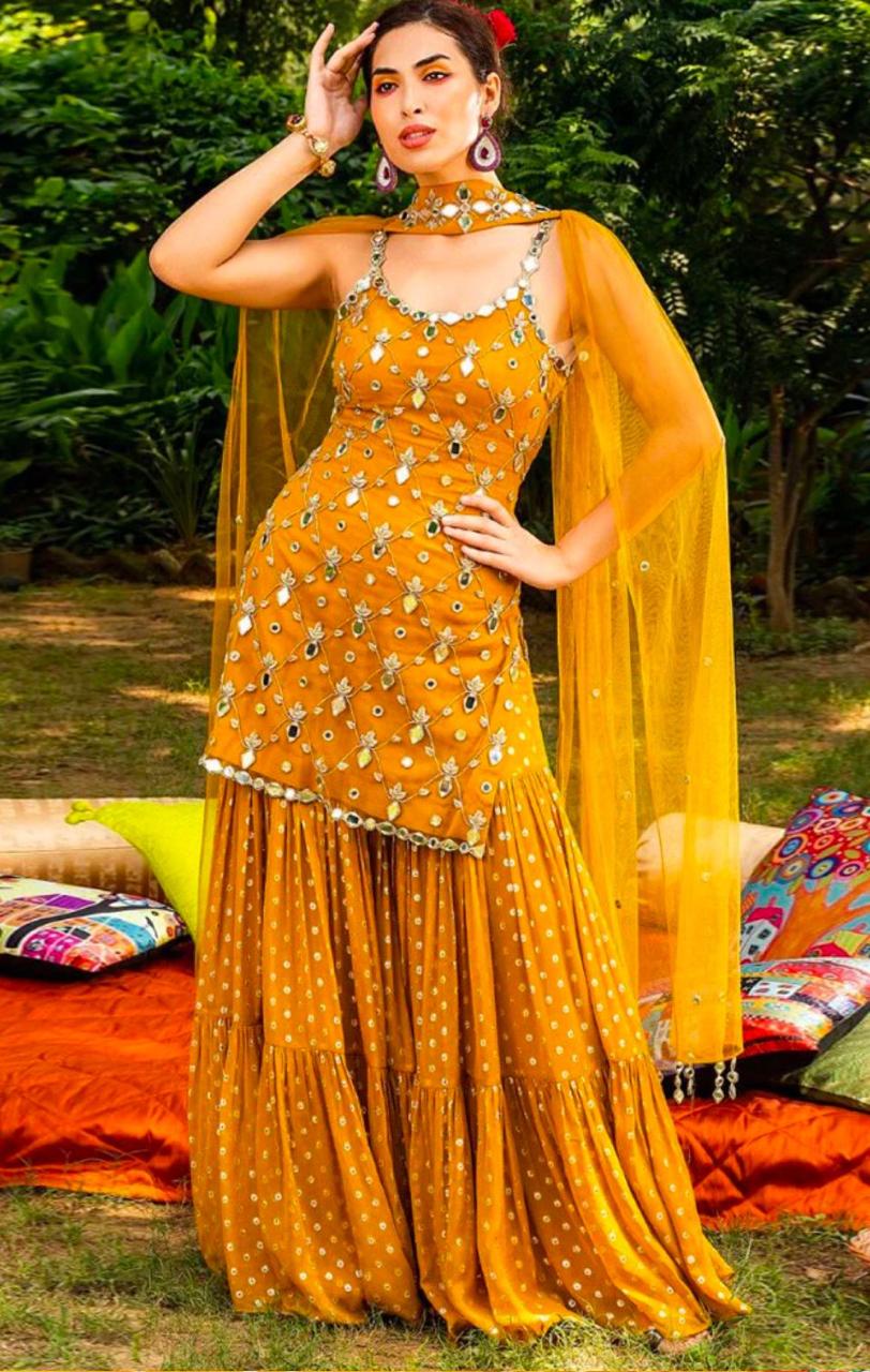 Mustard Jharara Suit Mirror Work