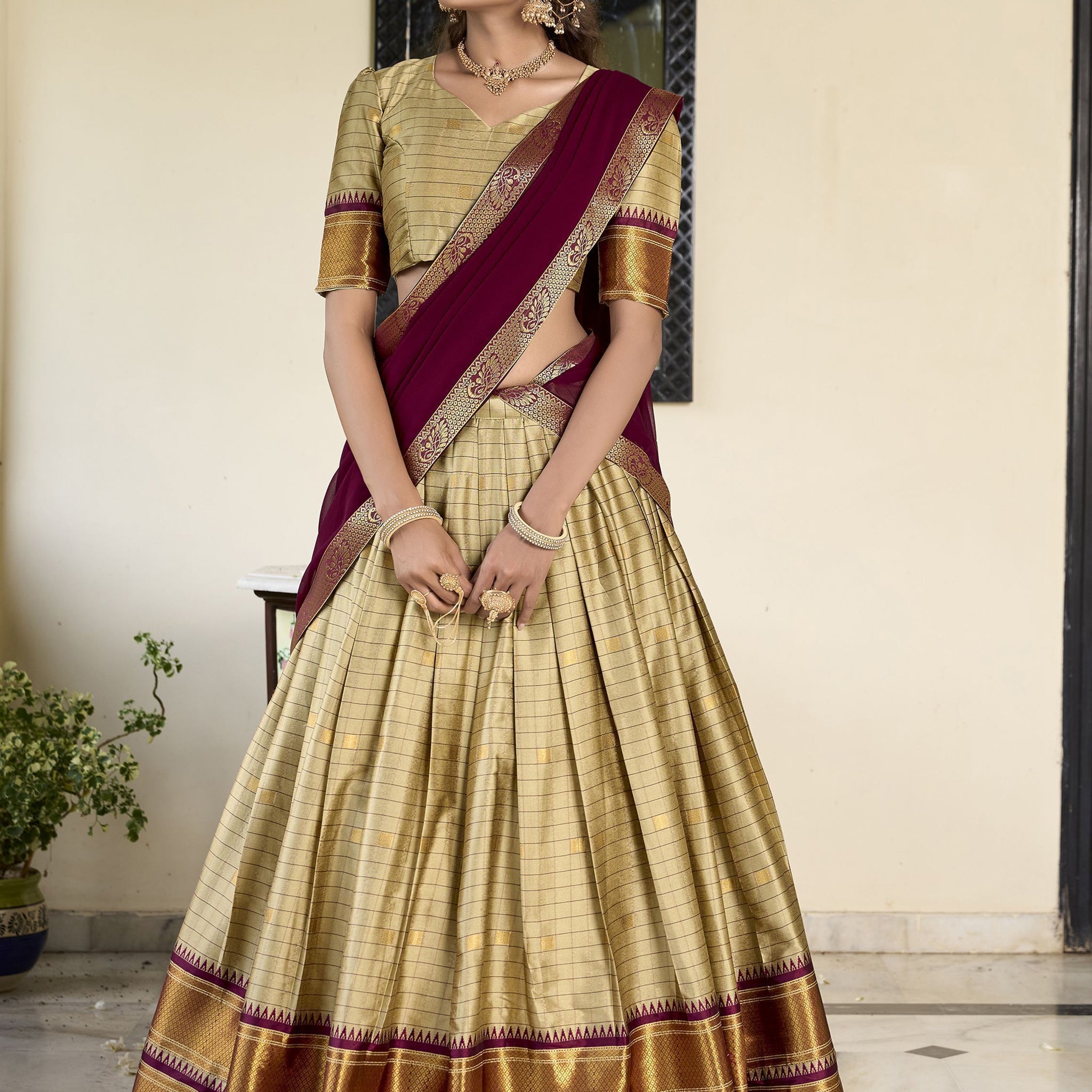 Chikoo Color Cotton Silk Designer South India Style Half Saree