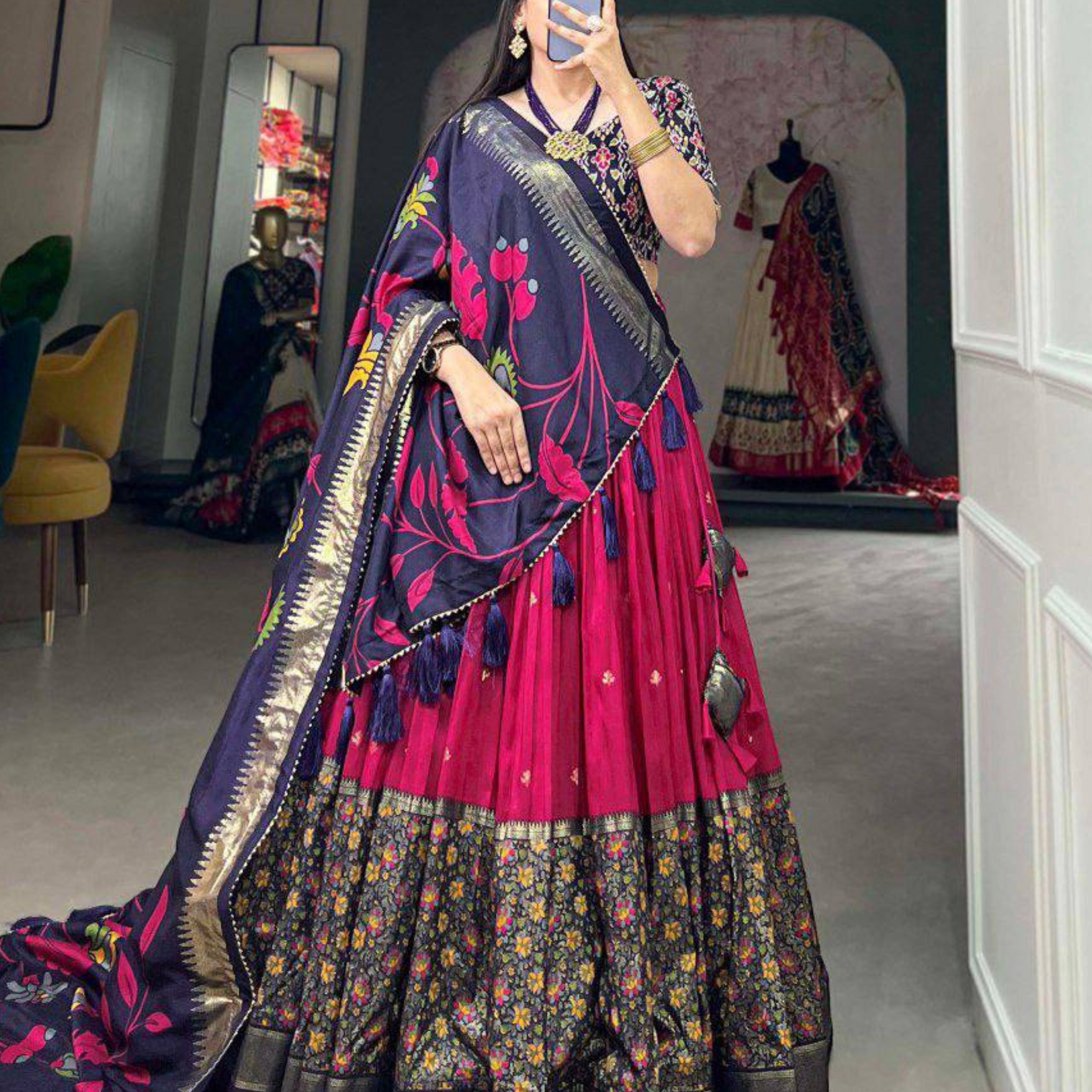 Step into the world of timeless beauty with this Dola Silk Lehenga Set.