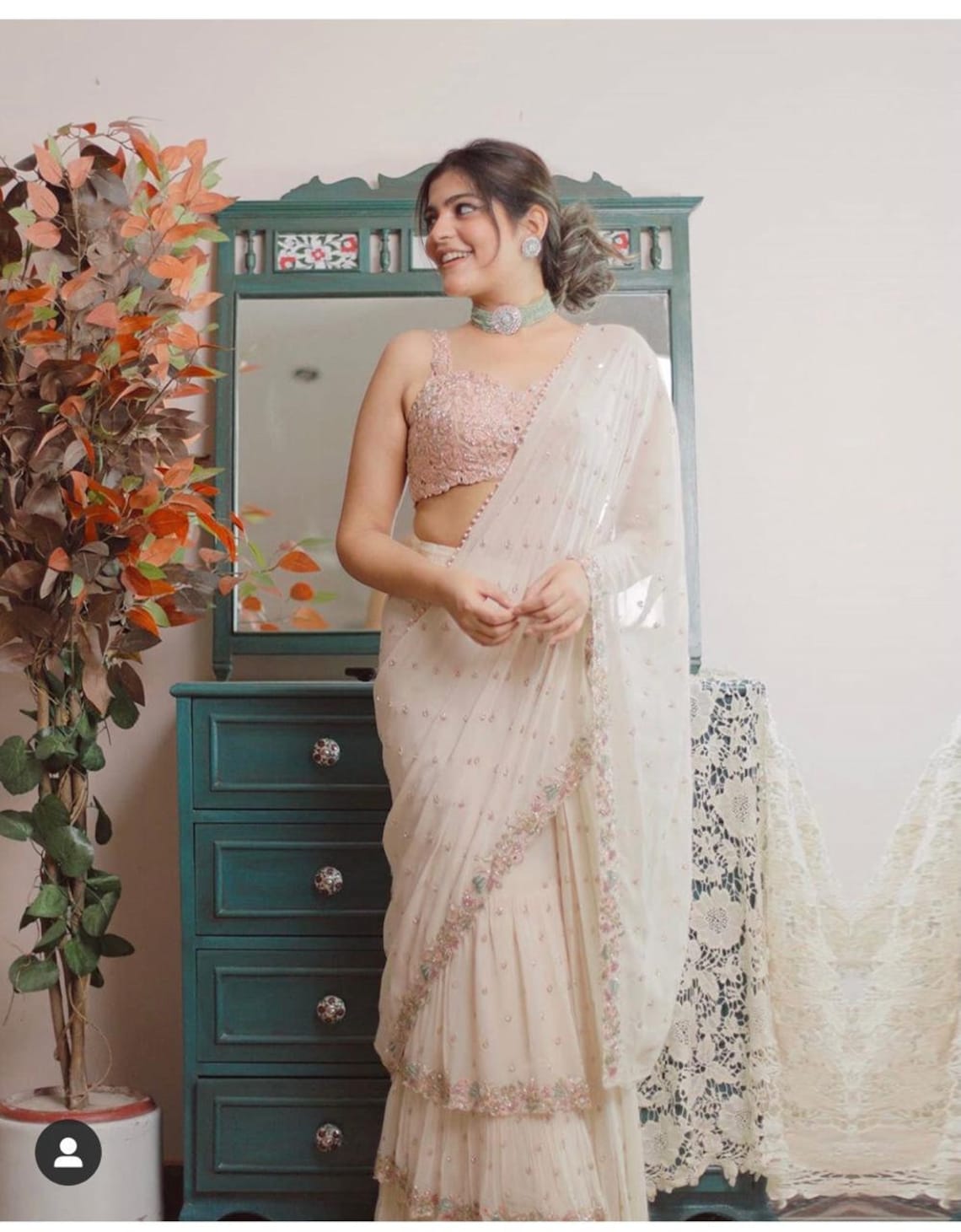 fox georgatte saree with three layer work saree with mirror touch work
