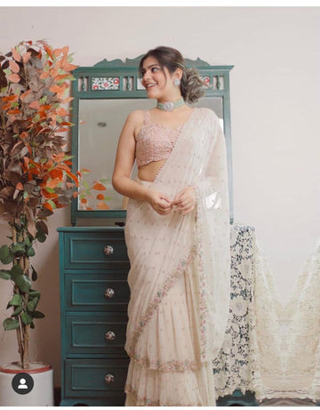 fox georgatte saree with three layer work saree with mirror touch work