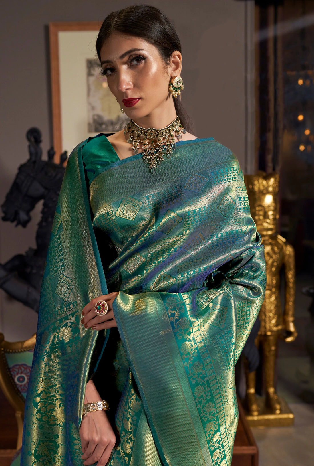Royal Princess Golden Green Woven Kanjivaram Saree
