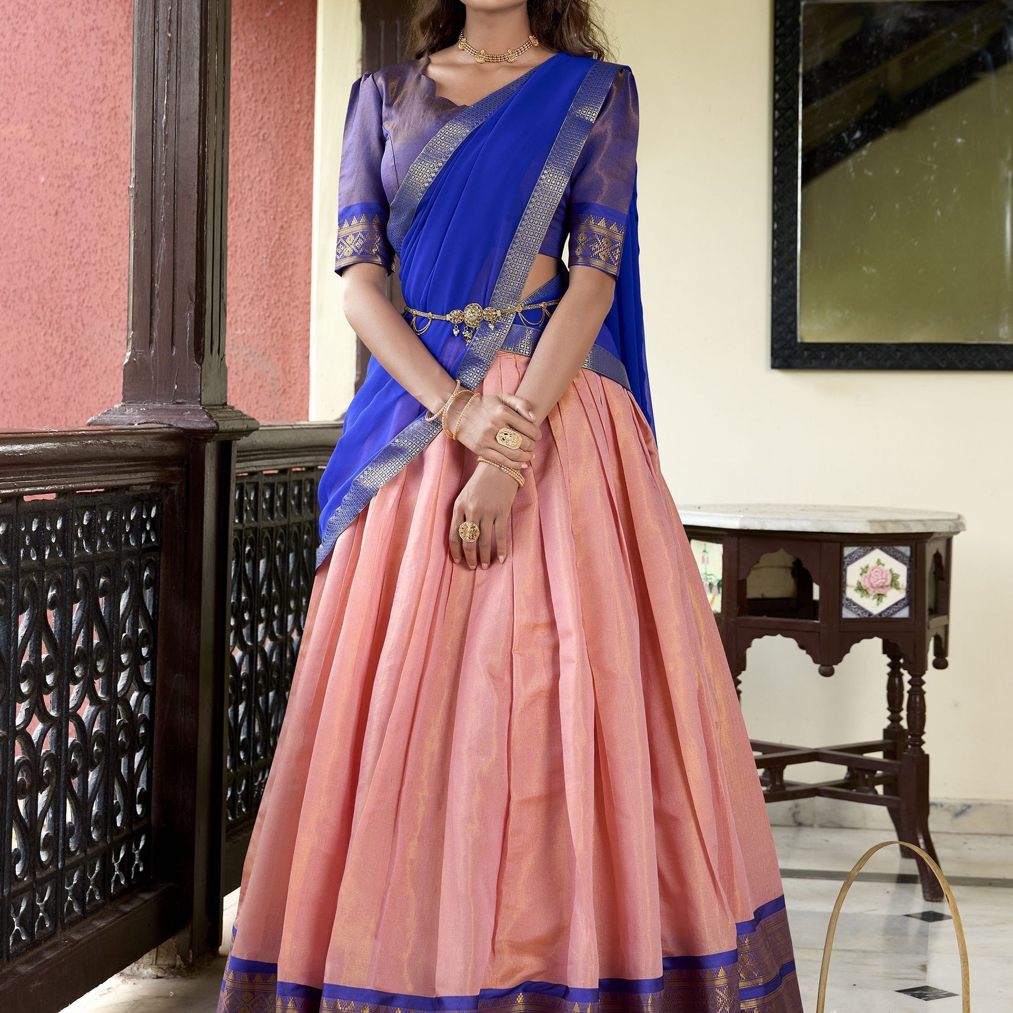 Peach Color Kanchipuram Designer Half Saree Lehenga