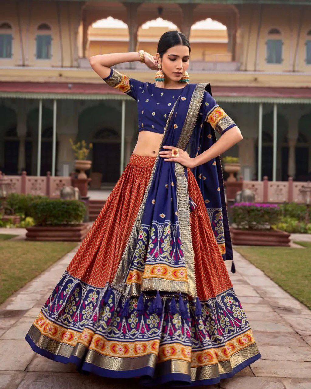 Regal Tussar Silk Lehenga Set with Ikkat Patola Print & Foil Work