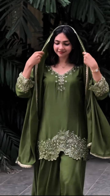 Green Chinnon Silk Designer Embroidery Kurta Set