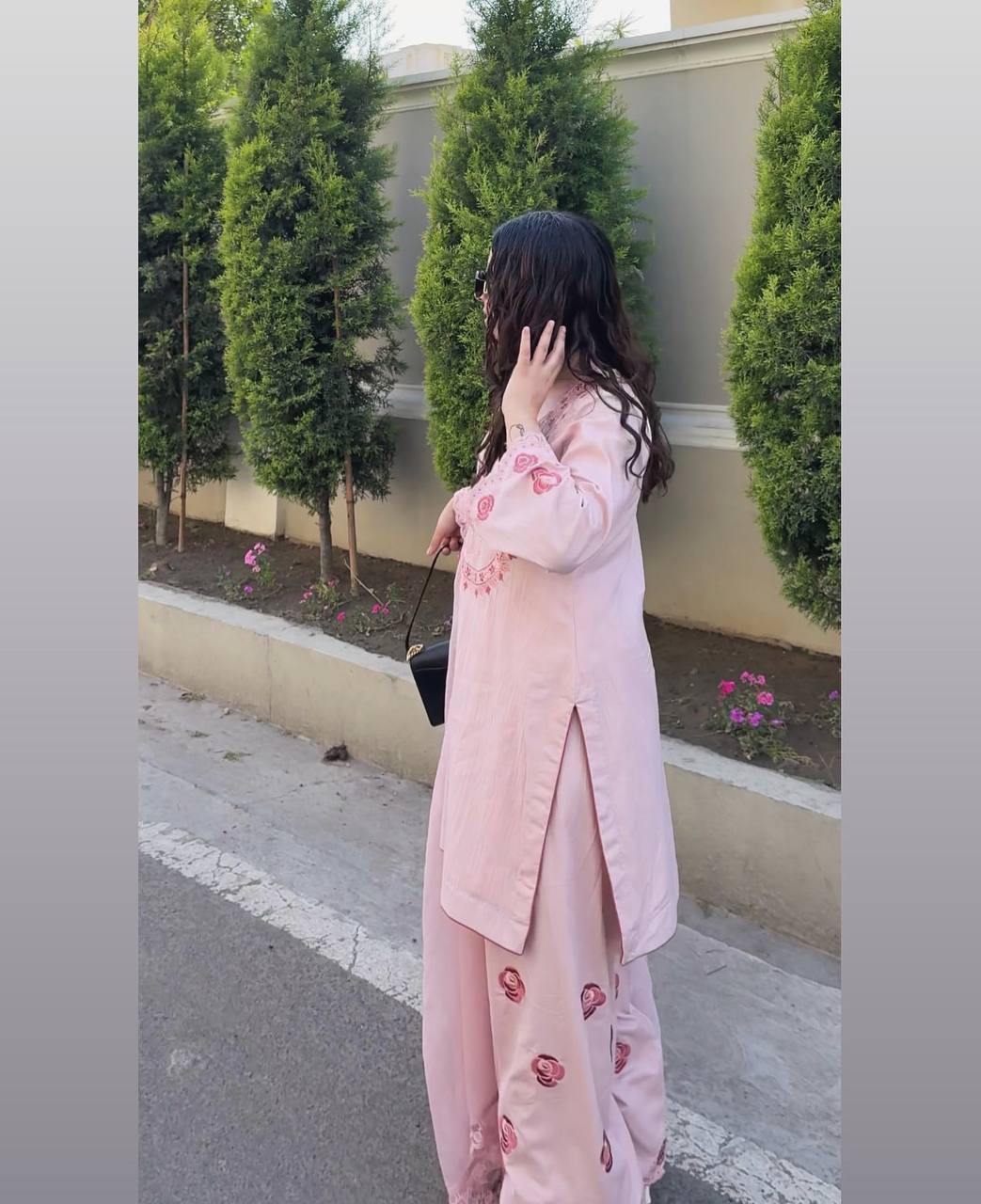 Graceful Glam – Designer Crepe Farshi Set with Dupatta