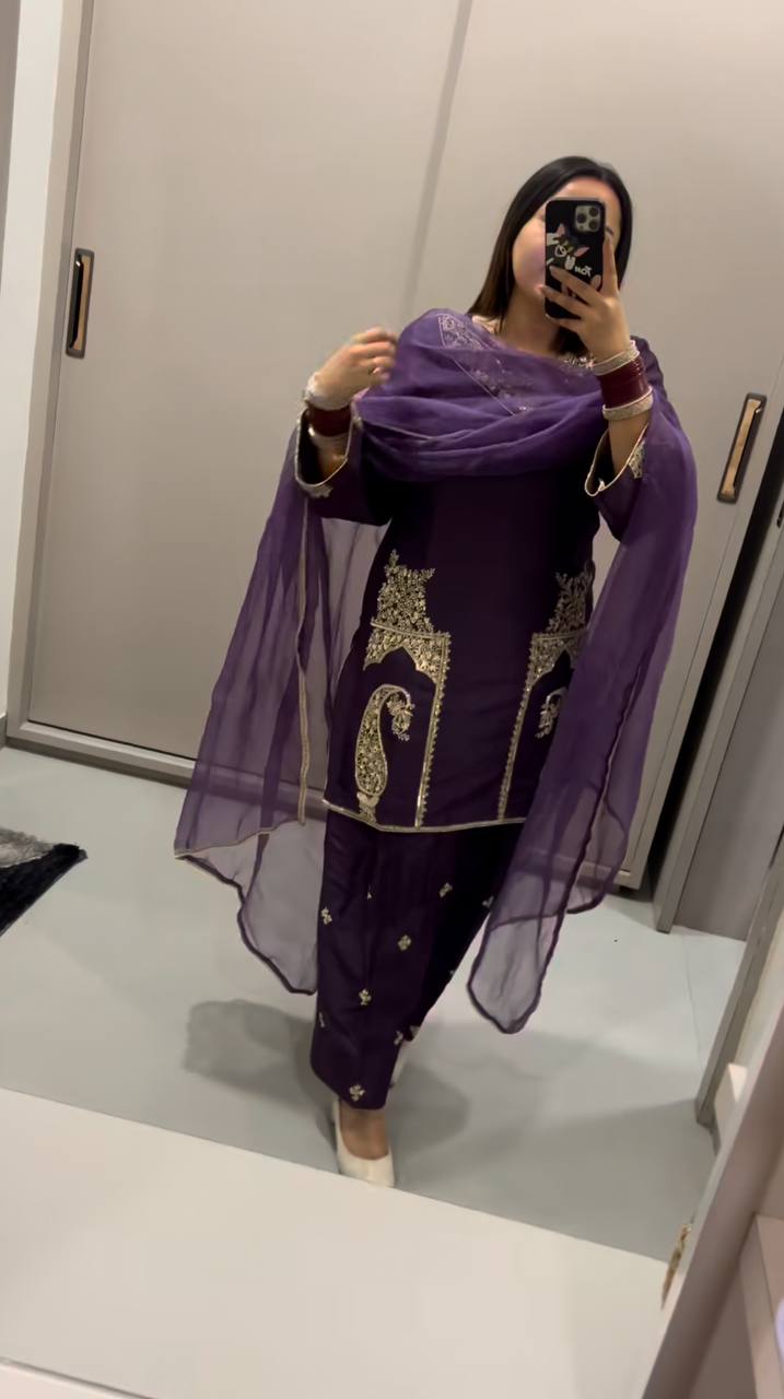 New Pure Natural Crep Satin Top&Farshi&Dupatta Set Fully Stitched Ready To Wear