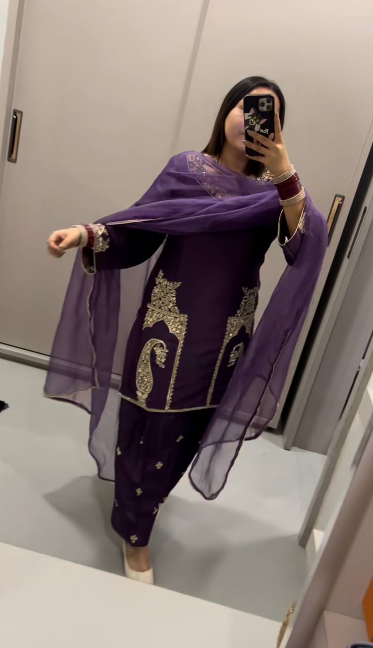 New Pure Natural Crep Satin Top&Farshi&Dupatta Set Fully Stitched Ready To Wear