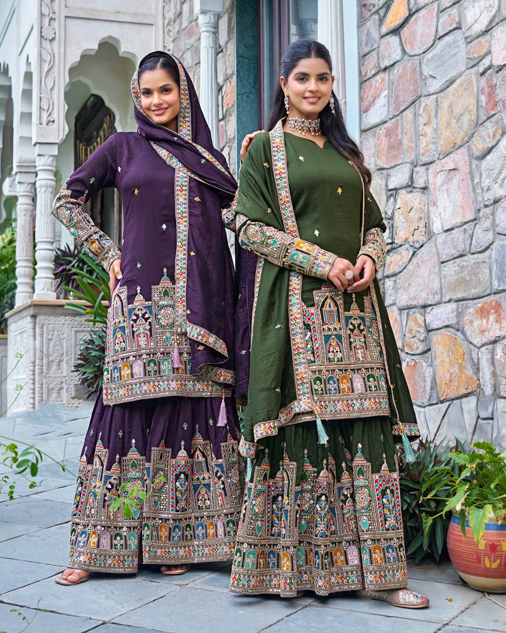 New Designer Collection In Pure Chinnon With Heavy Embroidery Coding Dori-Sequence Work Top-Bottom And Dupatta Set Fully Stitched Ready To Wear