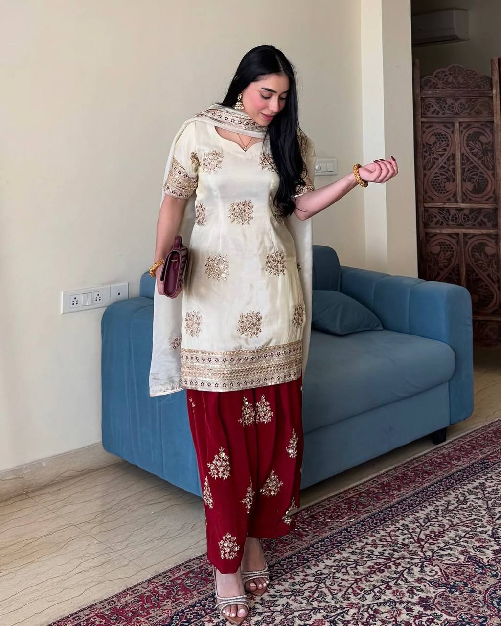 Luxury Chinnon Silk Embroidered Suit – Ready to Wear Festive Set