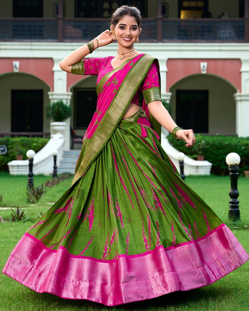 Pink Color Dola Silk Shibori Print South Indian Style Half Saree For Festival
