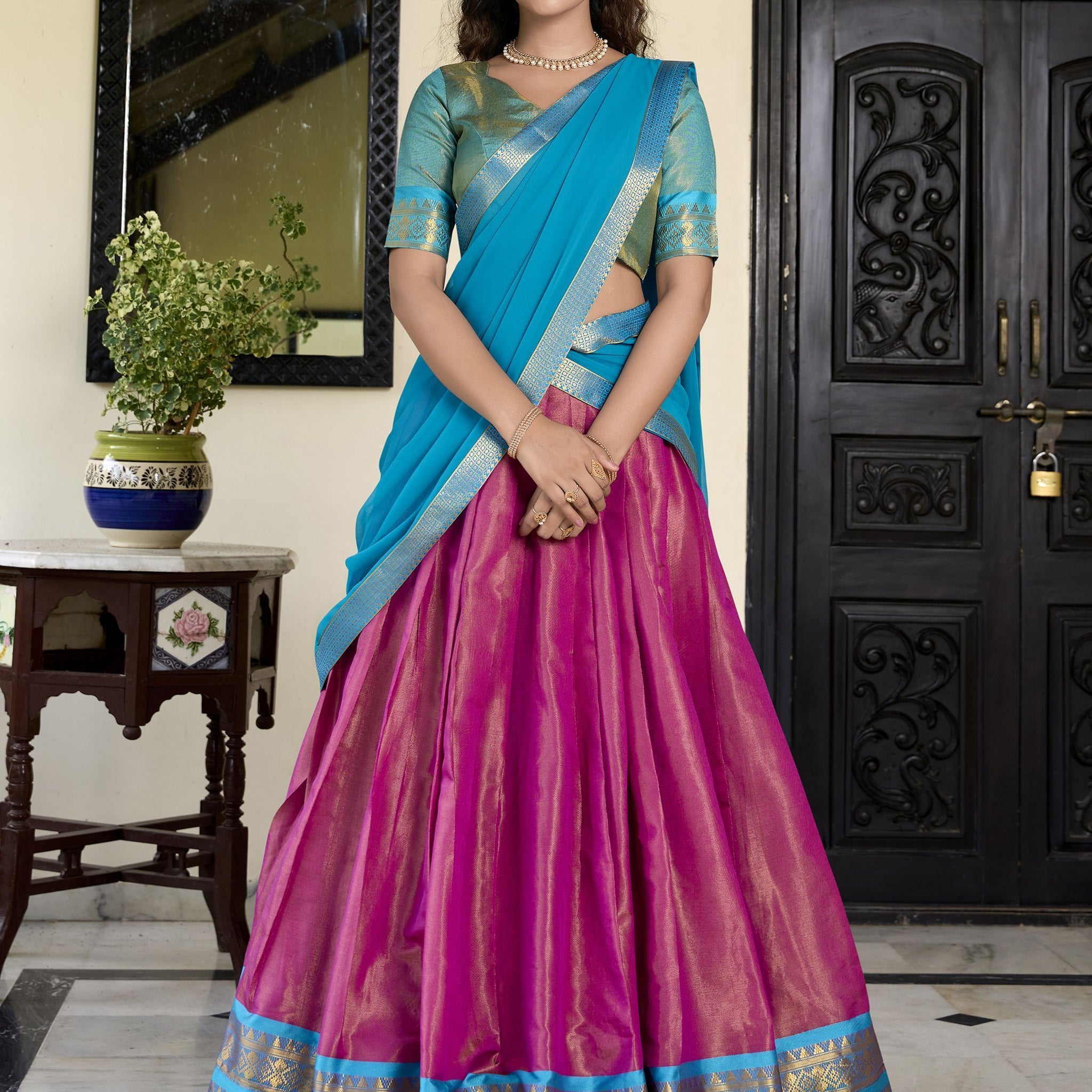 Pink Color Kanchipuram Designer South Indian Style Half Saree Lehenga Set