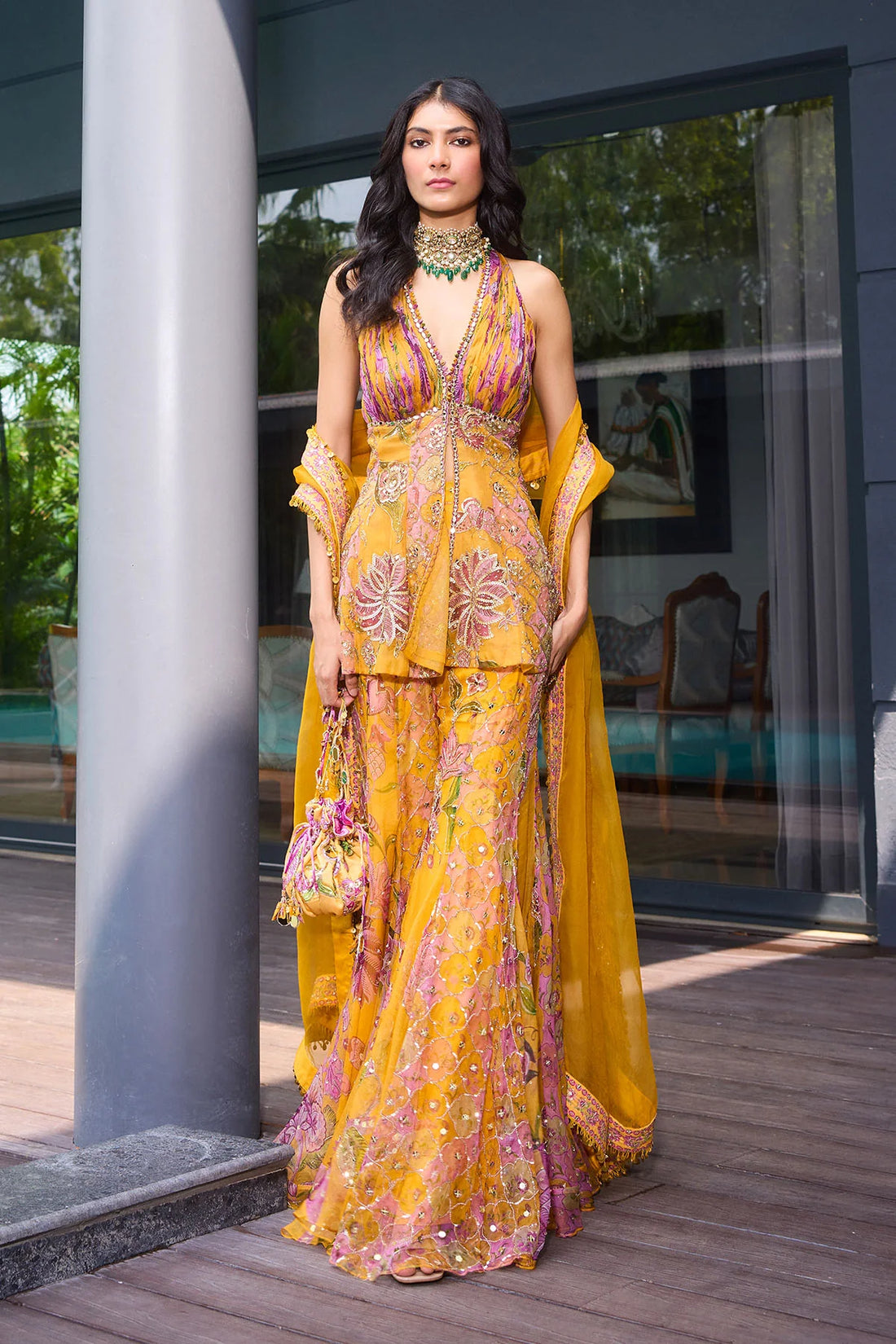 Designer Yellow Organza Kurta-Sharara Set with Mirror & Sequin Embroidery and Halter Neck