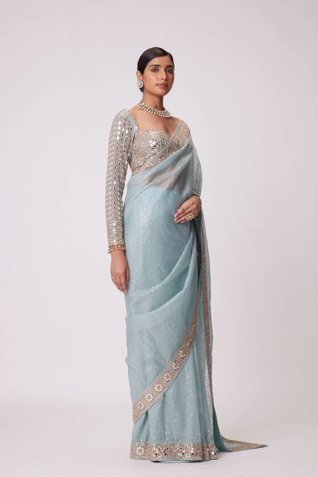 Designer Blue Organza Saree with Mirror & Sequin Embroidery and Sweetheart Neck Blouse