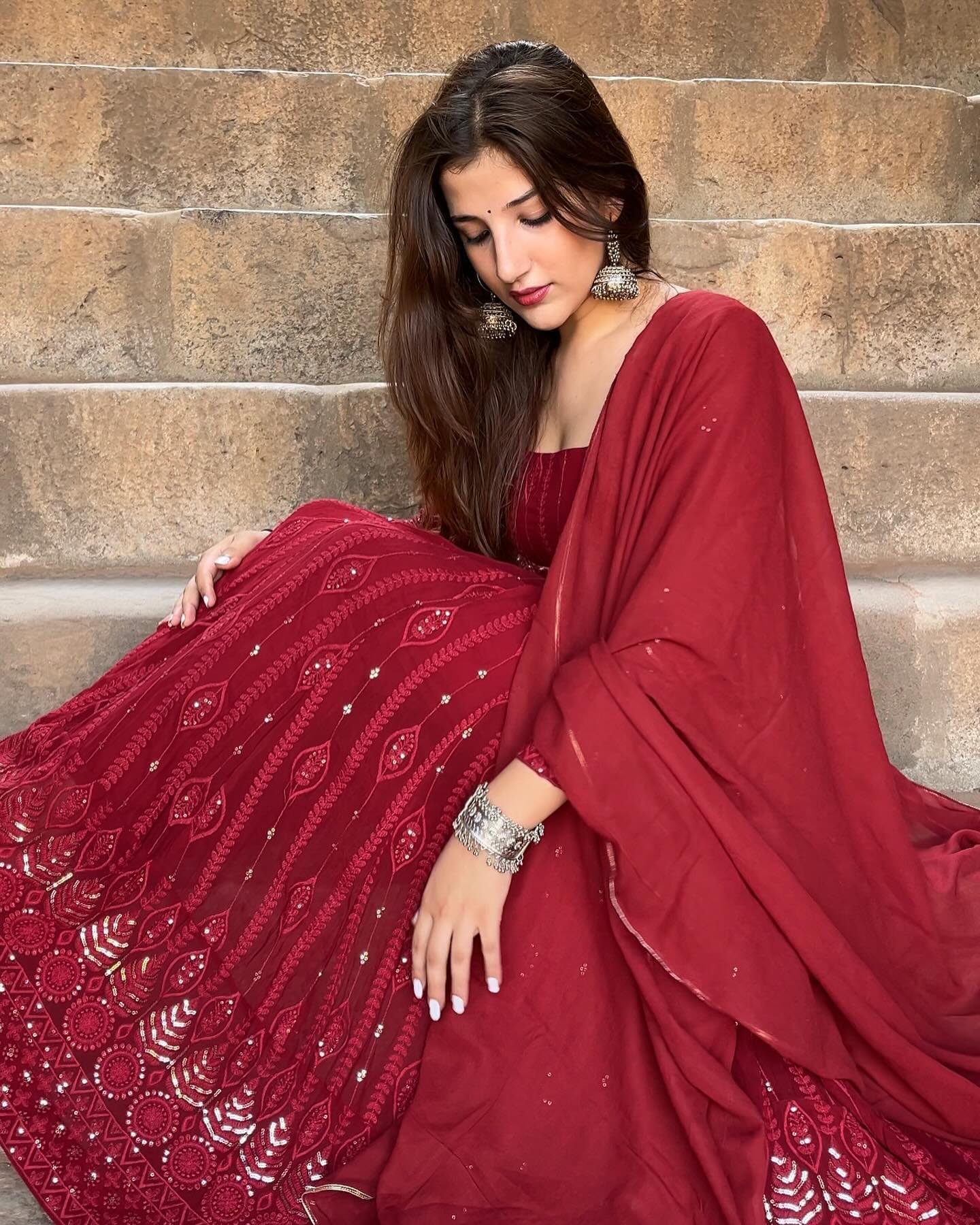 MAROON RED EMBROIDERED GEORGETTE SUIT SET
