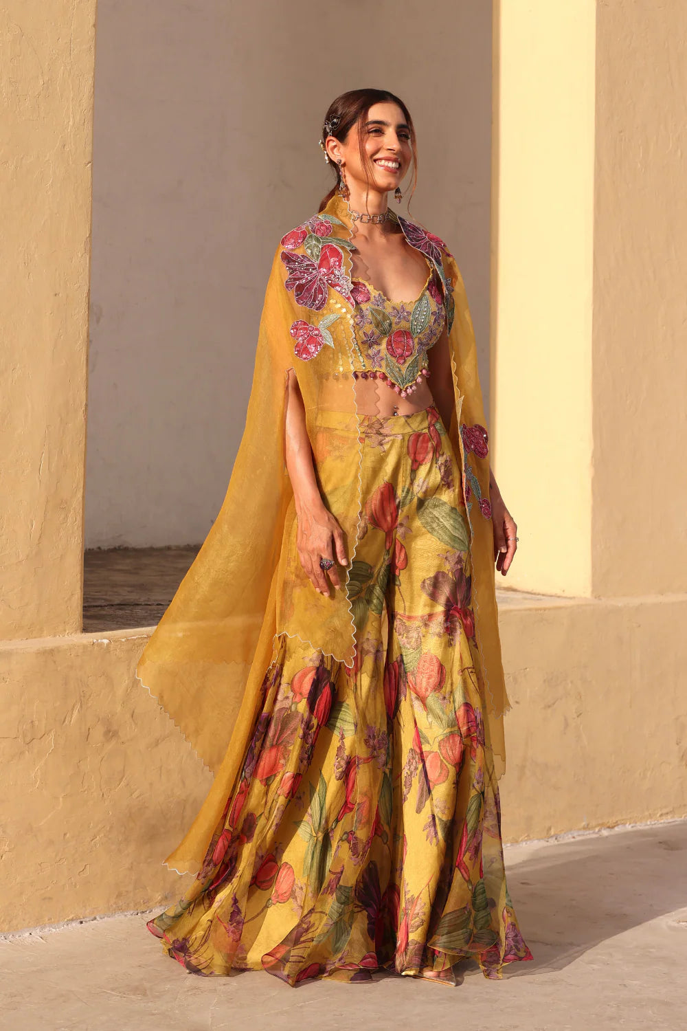Designer Mustard Meadow Organza Sharara Set